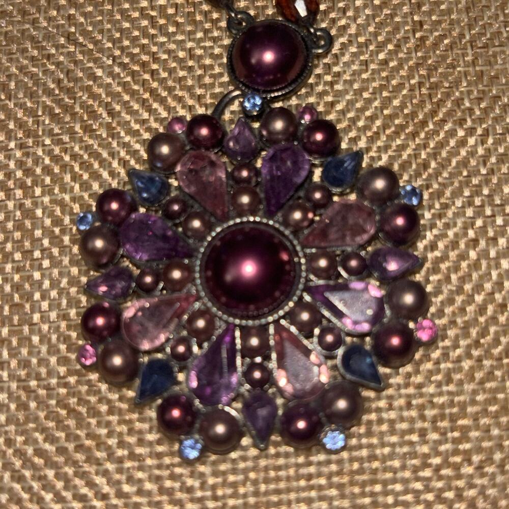 Liz Claiborne Boho Purple Crystal Statement Necklace 24” total Length Boho - Picture 3 of 7